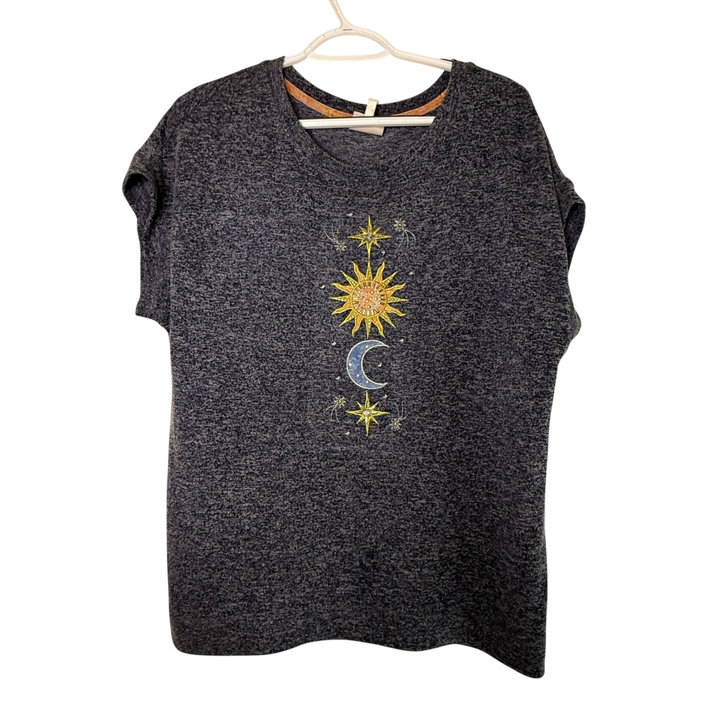TrueSelf Top Womens L Blue Celestial Sun Moon Sequin Boho Whimsigoth